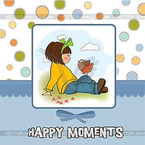 Cute young girl talking to little bird - vector clip art