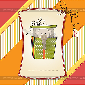 Birthday card with elephant in gift box - vector clip art