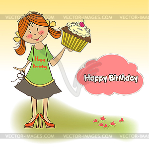 Birthday greeting card with girl and big cupcake - vector image