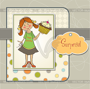 Birthday greeting card with girl and big cupcake - vector clip art