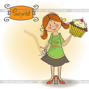 Birthday greeting card with girl and big cupcake - vector image