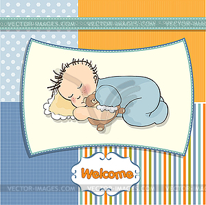 Baby shower card with little baby boy sleep with hi - vector clipart