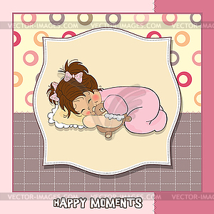 Baby shower card with little baby girl play with he - royalty-free vector image