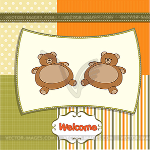 Baby twins shower card with teddy - vector image