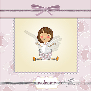 New baby girl announcement card with little girl - vector image