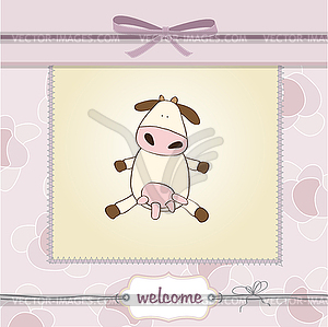 New baby girl announcement card with cow - vector clipart