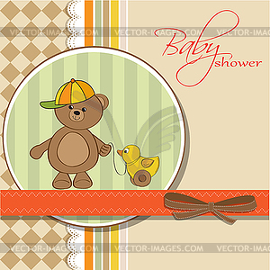 Welcome baby card with boy teddy bear and his duck - vector image