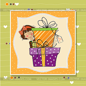 Cute little girl hidden behind boxes of gifts. happ - vector EPS clipart