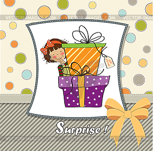 Cute little girl hidden behind boxes of gifts. happ - stock vector clipart