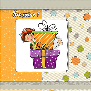 Cute little girl hidden behind boxes of gifts. happ - vector clipart