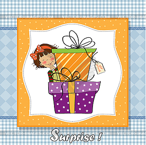 Cute little girl hidden behind boxes of gifts. happ - vector image