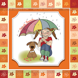 Young pretty girl and her dog, friendship card - vector clipart