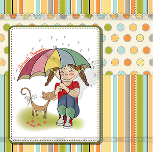 Young pretty girl and her cat, friendship card - vector EPS clipart