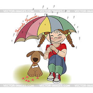 Young pretty girl and her dog, friendship card - vector clip art