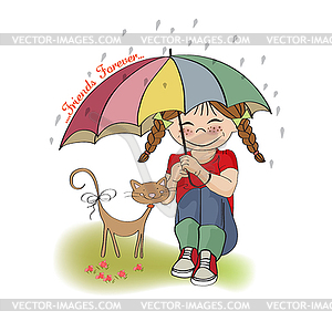 Young pretty girl and her cat, friendship card - vector image