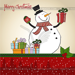 Christmas greeting card with snowman - vector clip art