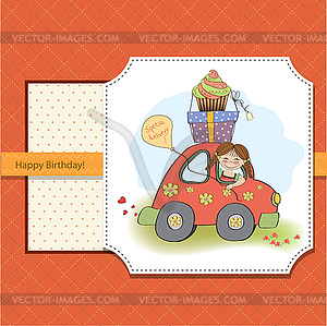 Birthday card with funny little girl - vector clipart