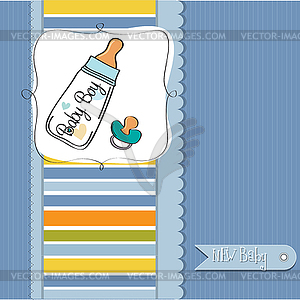 Baby announcement card with milk bottle and pacifier - vector image