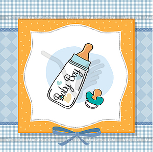 Baby announcement card with milk bottle and pacifier - vector clipart