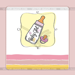 New baby girl announcement card with milk bottle an - color vector clipart