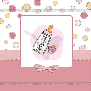 New baby girl announcement card with milk bottle an - vector clip art