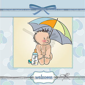 Baby boy shower card with funny baby under his - vector image