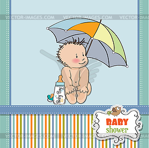 Baby boy shower card with funny baby under his - vector EPS clipart