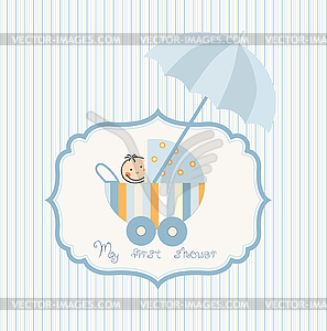 Baby boy announcement card with baby and pram - vector image