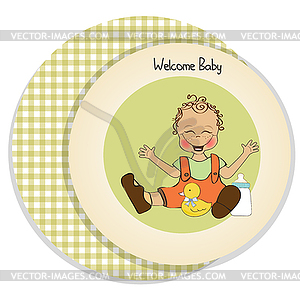 Baby boy playing with his duck toy, welcome baby - vector clipart