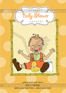 Baby boy playing with his duck toy, welcome baby - vector clipart