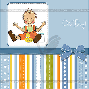 Baby boy playing with his duck toy, welcome baby - color vector clipart