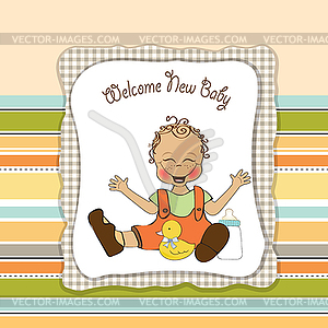 Baby boy playing with his duck toy, welcome baby - vector clipart