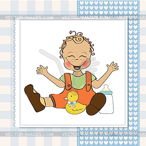 Baby boy playing with his duck toy, welcome baby - vector clip art