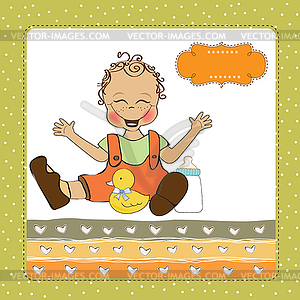 Baby boy playing with his duck toy, welcome baby - vector image