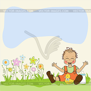 Baby boy playing with his duck toy, welcome baby - vector clipart