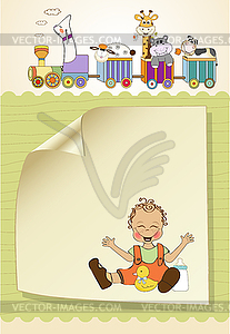 Baby boy playing with his duck toy, welcome baby - vector clipart