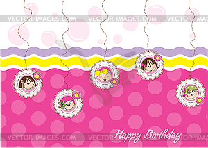 Happy birthday greeting card with five little girls - color vector clipart