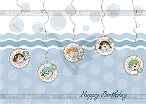 Happy birthday greeting card with five little girls - vector clip art