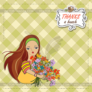 Young girl with bunch of flowers - vector clip art