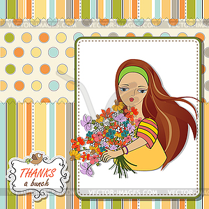 Young girl with bunch of flowers - vector image