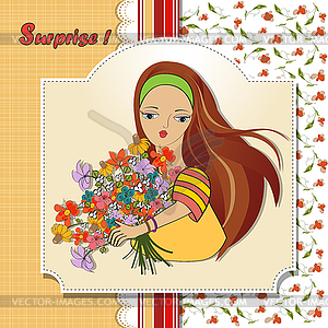 Young girl with bunch of flowers - vector clipart