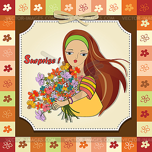 Young girl with bunch of flowers - vector clipart