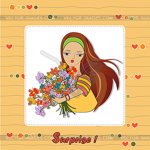 Young girl with bunch of flowers - vector clipart / vector image