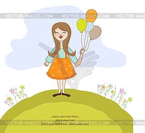 Funny girl with balloon, birthday greeting card - vector clipart