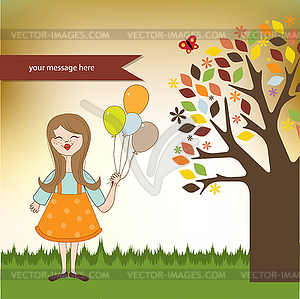 Funny girl with balloon, birthday greeting card - color vector clipart