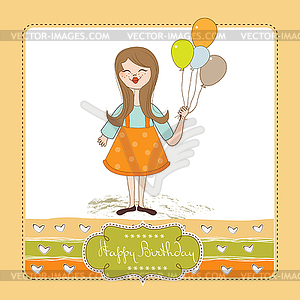 Смешная девчонка с воздушный шар, день рождения открытку - векторная графика