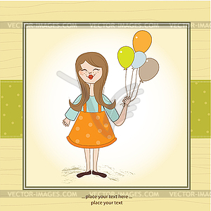 Funny girl with balloon, birthday greeting card - vector image