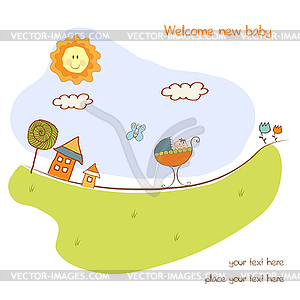 Baby shower card with cute stroller - vector image