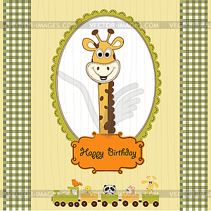 Birthday greeting card with giraffe and animals - vector image