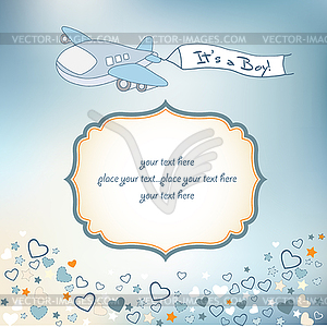 Baby boy announcement card with airplane - vector clipart / vector image